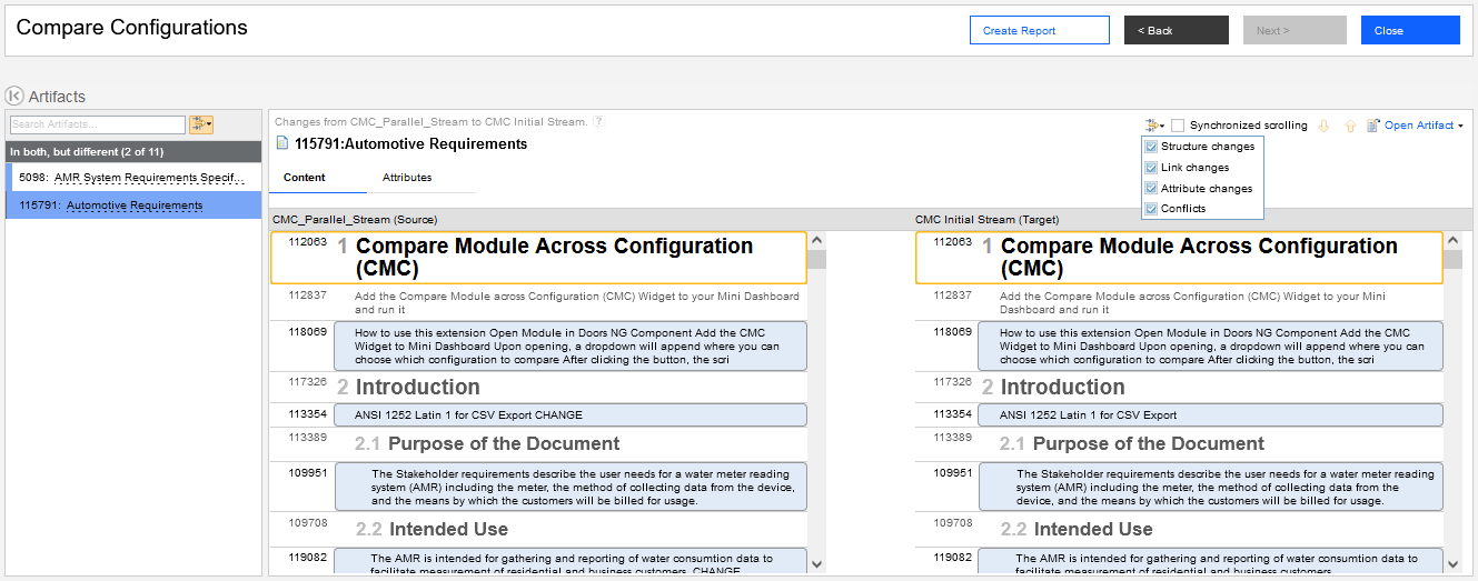 Interface of the compare configurations screen with an option to create a report from it
